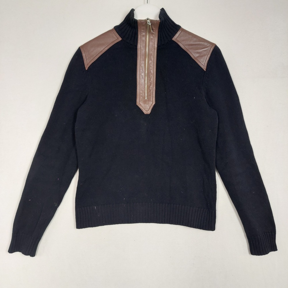 Lauren Ralph Lauren Navy Cotton Quarter Zip Sweater Leather Patches Mens M